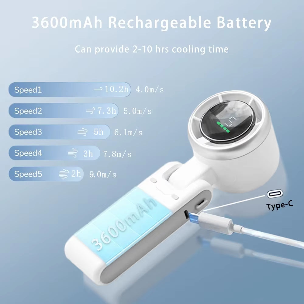 Portable Mini Handheld Fan - 5-Speed Turbo USB Rechargeable Bladeless Design with Foldable Feature and High-Capacity Battery for Outdoor and Travel Use